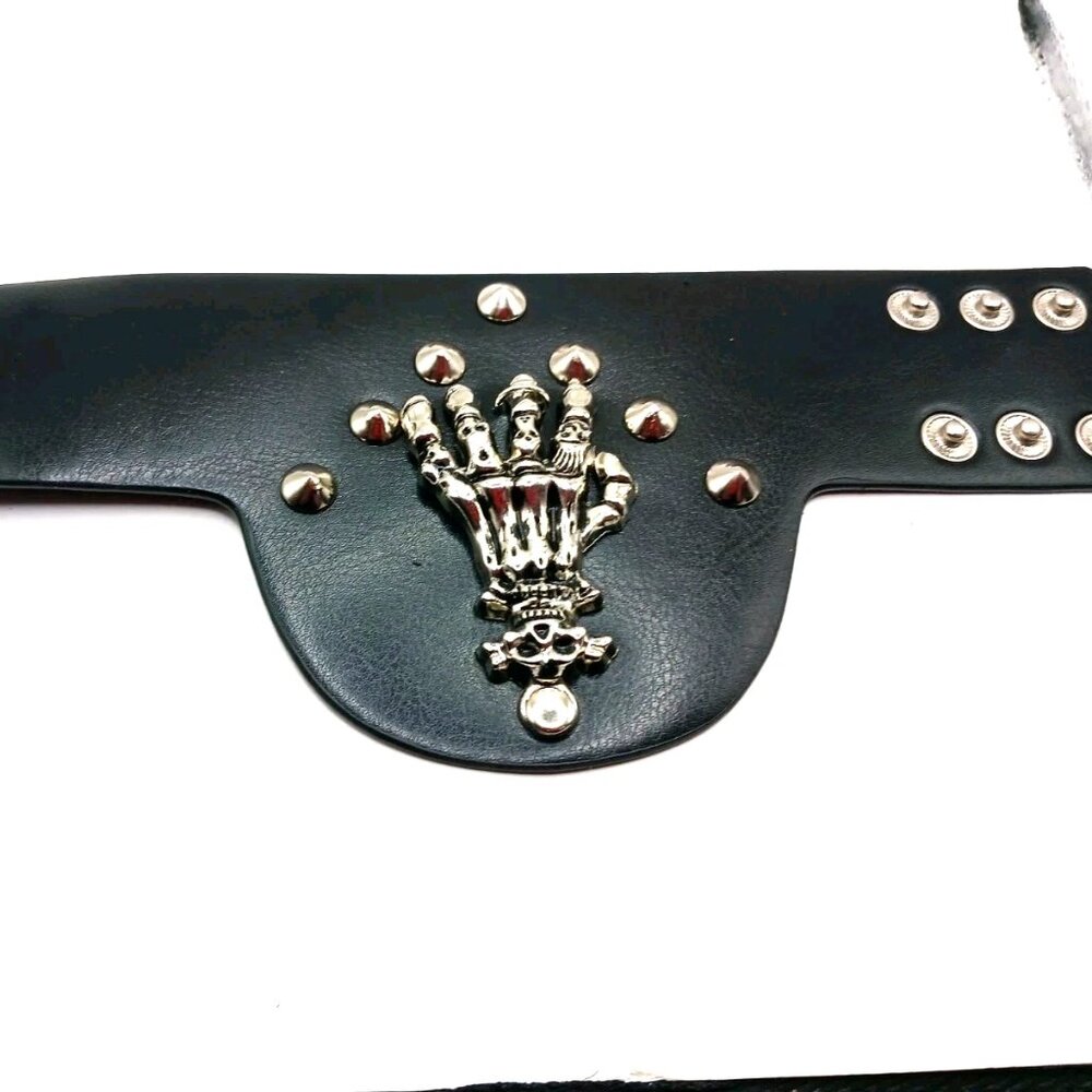Skull Hand Metal Studded Black Faux Leather Biker Bracelet-Cuff